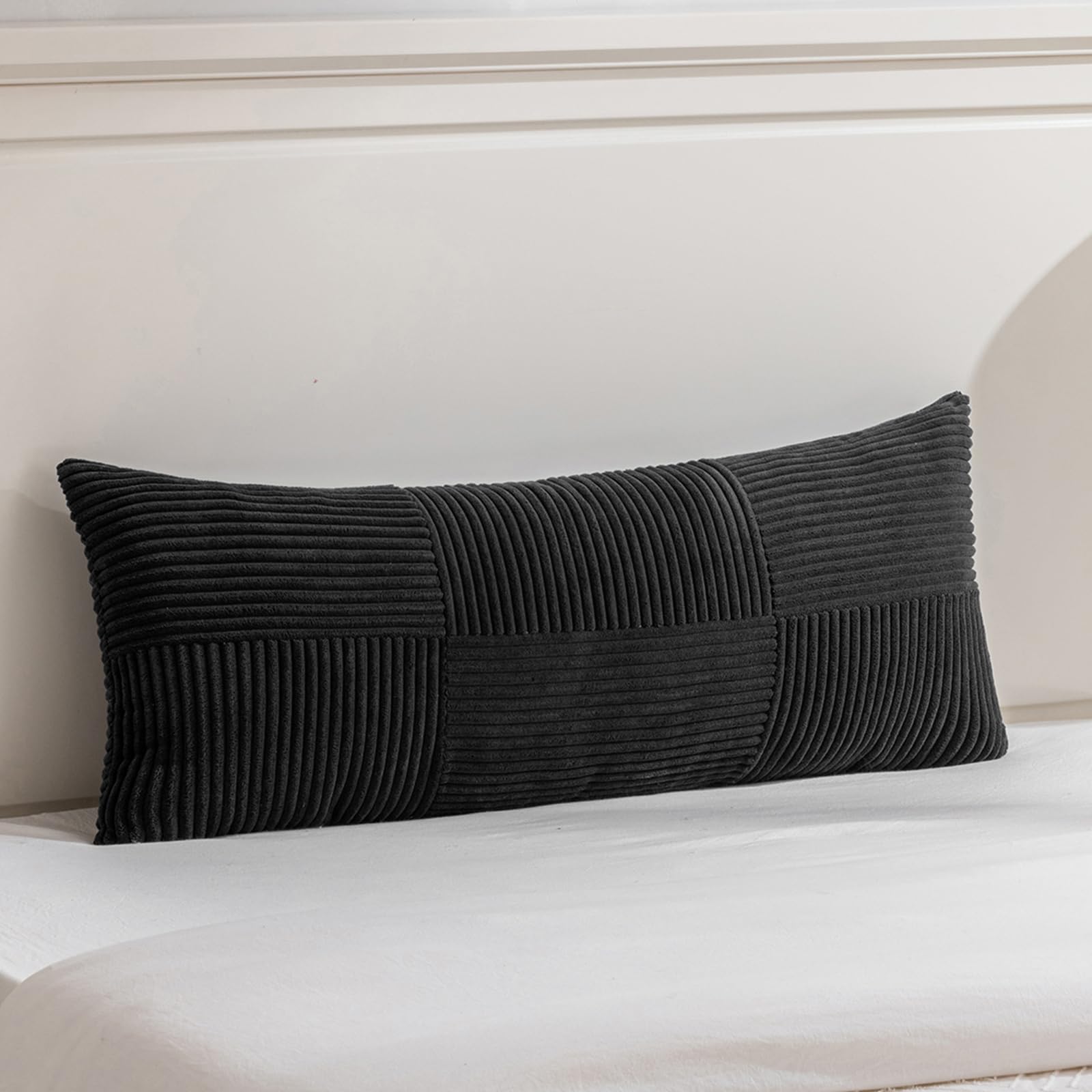 FDTERN Black Lumbar Decorative Throw Pillow Covers for Living Room Couch Bed Sofa, Rustic Farmhouse Boho Home Decor, Soft Striped Corduroy Rectangle Accent Cushion Covers 40x145 cm — image 1