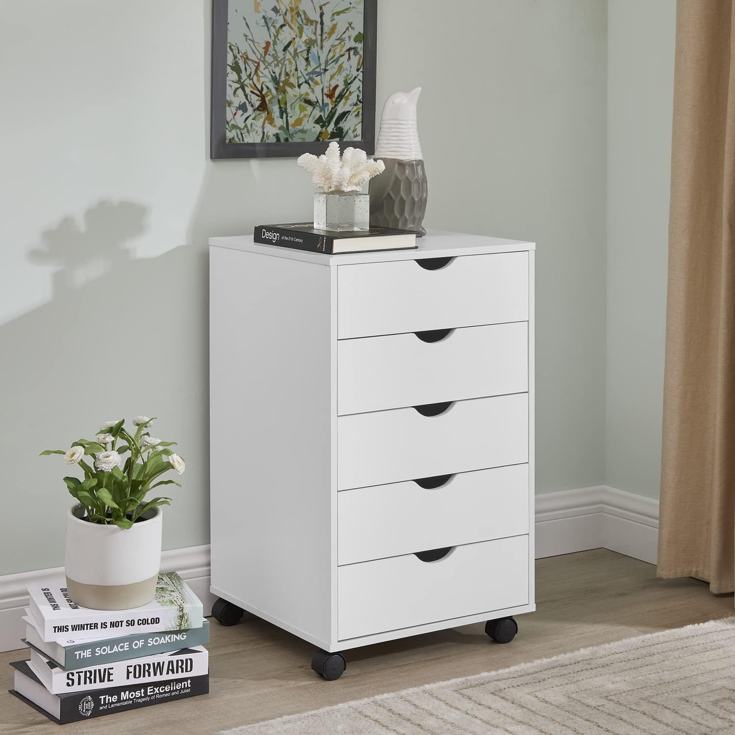 Naomi Home 5-Drawer Storage Unit, White, Compact with Locking Casters, 200 lbs Capacity