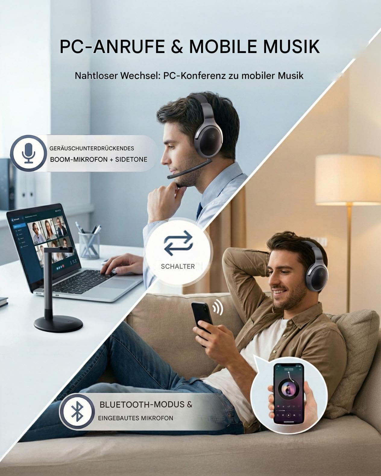 Avantalk Aria Podio 3 – Multipoint Bluetooth Kabellos Headset mit abnehmbarem Noise-Cancelling Mikrofon & Sidetone für klare Anrufe, PC & Smartphone, EQ-Sound, 55h Akku, Ladebasis, große Ohrmuscheln