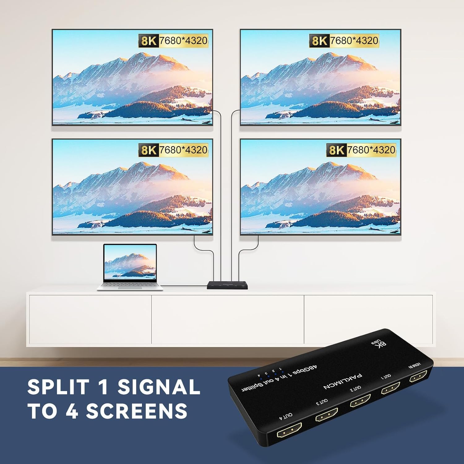 Splitter HDMI 8K 1 in 4 out 4K 120Hz, adattatore duplicatore HDMI da 1 a 4 uscite contemporaneamente per 4 display, supporta Full HD 1080P 3D HDCP 1.4 per PS3/4, lettore DVD Blu-Ray - Non per