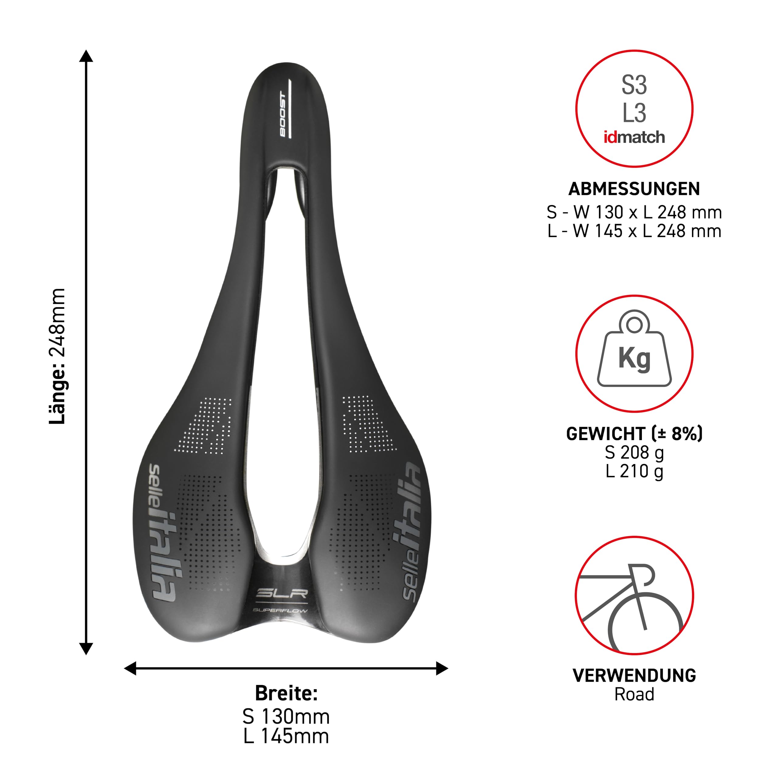Selle Italia SLR Boost TM Superflow - Fahrradsattel mit klassischem SLR-Design, komfortablem Gel-Rennradsattel und Superflow-Lochung, Schale aus Carbonfaser