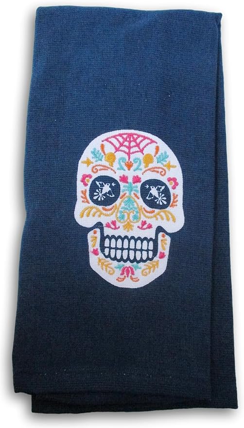 Halloween Themed 100% Cotton Kitchen Towel for Kitchen Use and Spooky Decor (Sugar Skull on Navy)