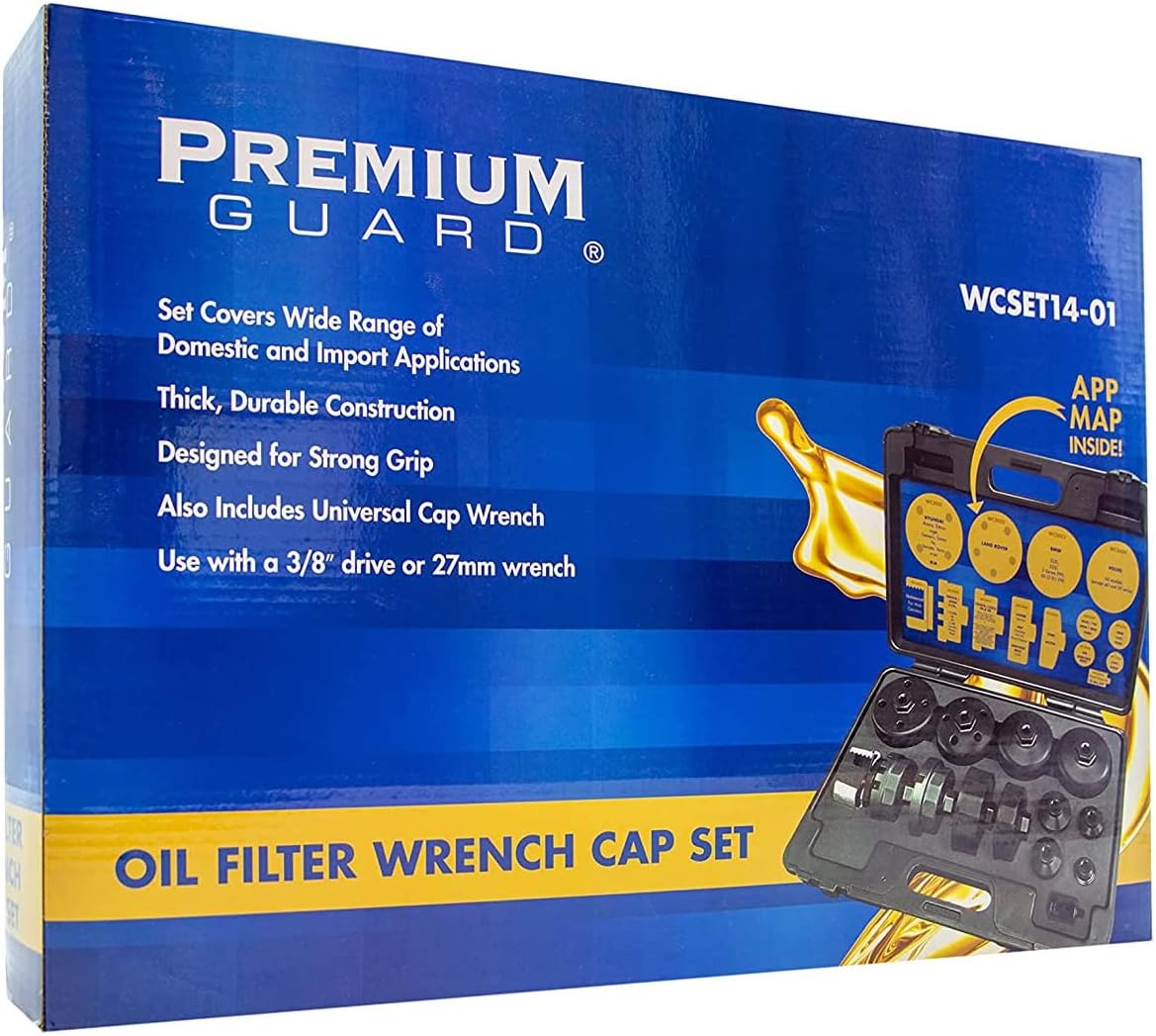 Premium Guard 14-Piece Cartridge Oil Filter Wrench Cap Set with Exclusive 25 Nm Preset Torque Bit for SAE and Metric – 3/8 inch Drive