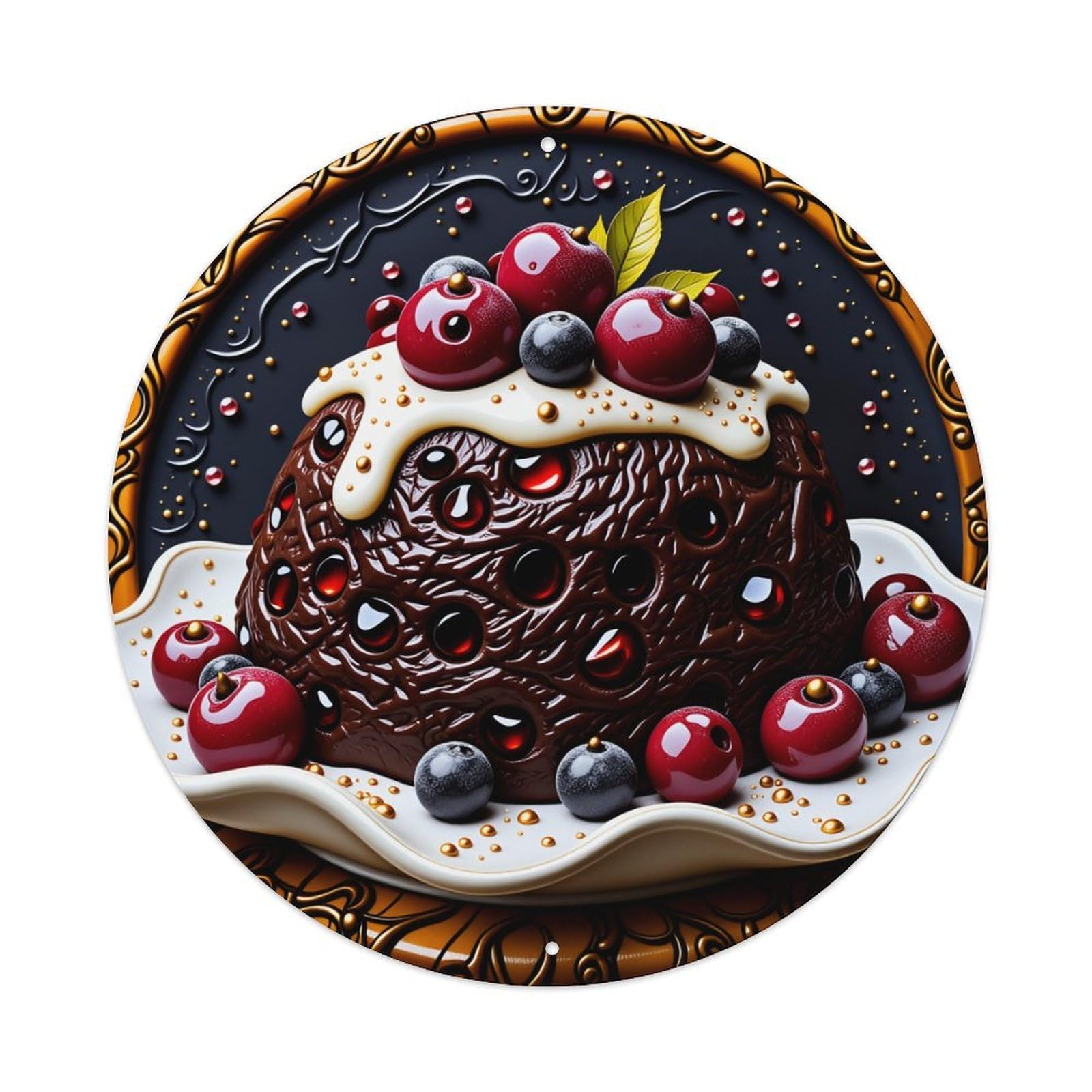 Chocolate Cake With Berries And Cream Round Tin Sign Vintage Style Metal Sign Home Bar Garden Wall Plaque Decor Metal Poster 8x8 Inch