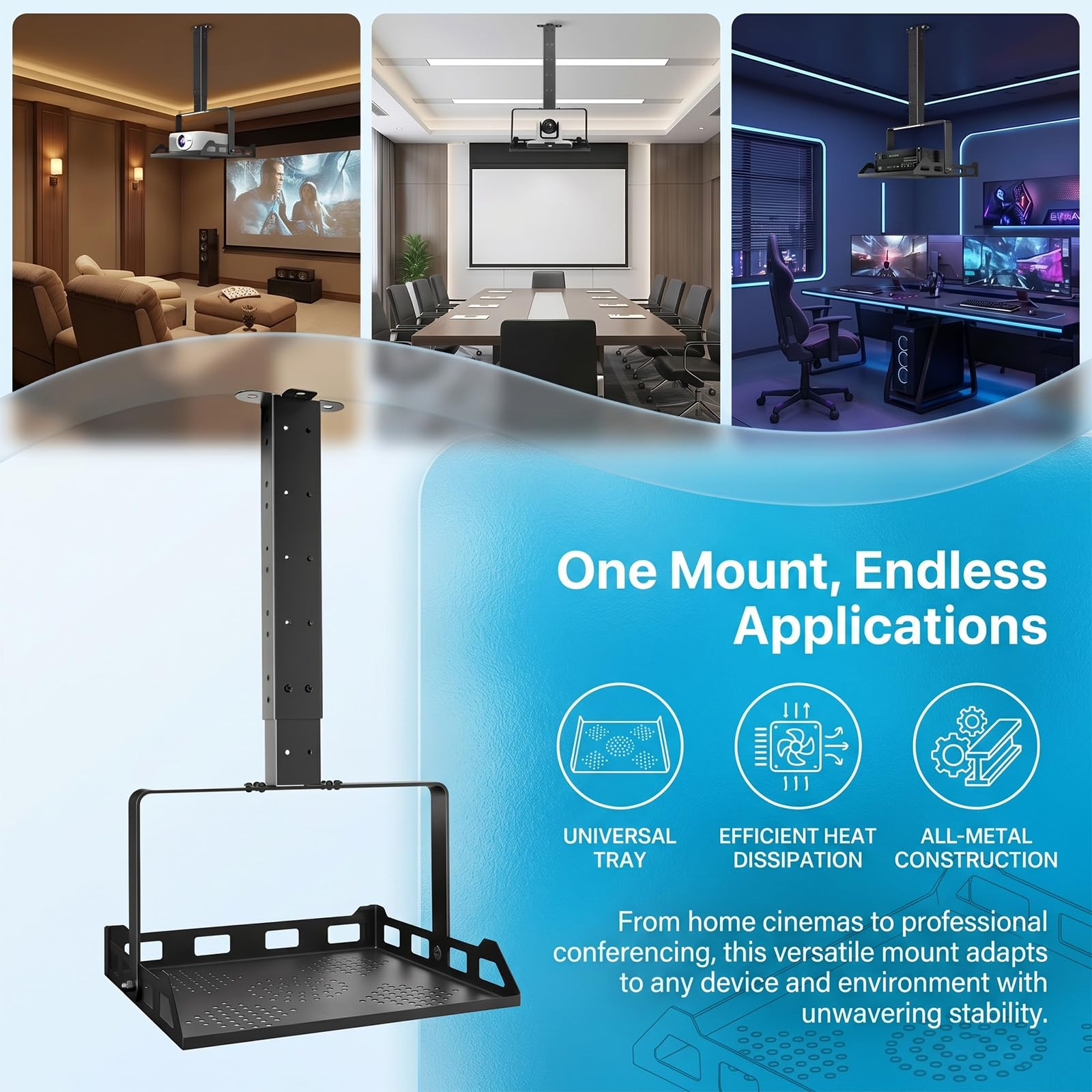 Supporto da soffitto per proiettore, regolabile in altezza, universale, guida per cavi nascosta, portata fino a 10 kg, supporto per proiettore per home theatre e ufficio