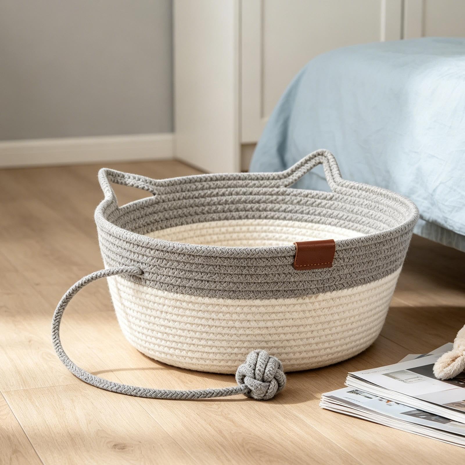 Koszyk Legowisko dla Kota z Zabawką Piłką Pleciony Boho Artykuły dla | Małe Legowisko , Mebel Kota W małych i średnich domach, na balkonie, w salonie, wewnątrz i na