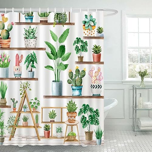 Miniatura 2 de Juirnost Cortina de ducha de plantas verdes de granja, cortina de ducha bohemia con plantas en maceta para baño, cactus suculentas, decoración para