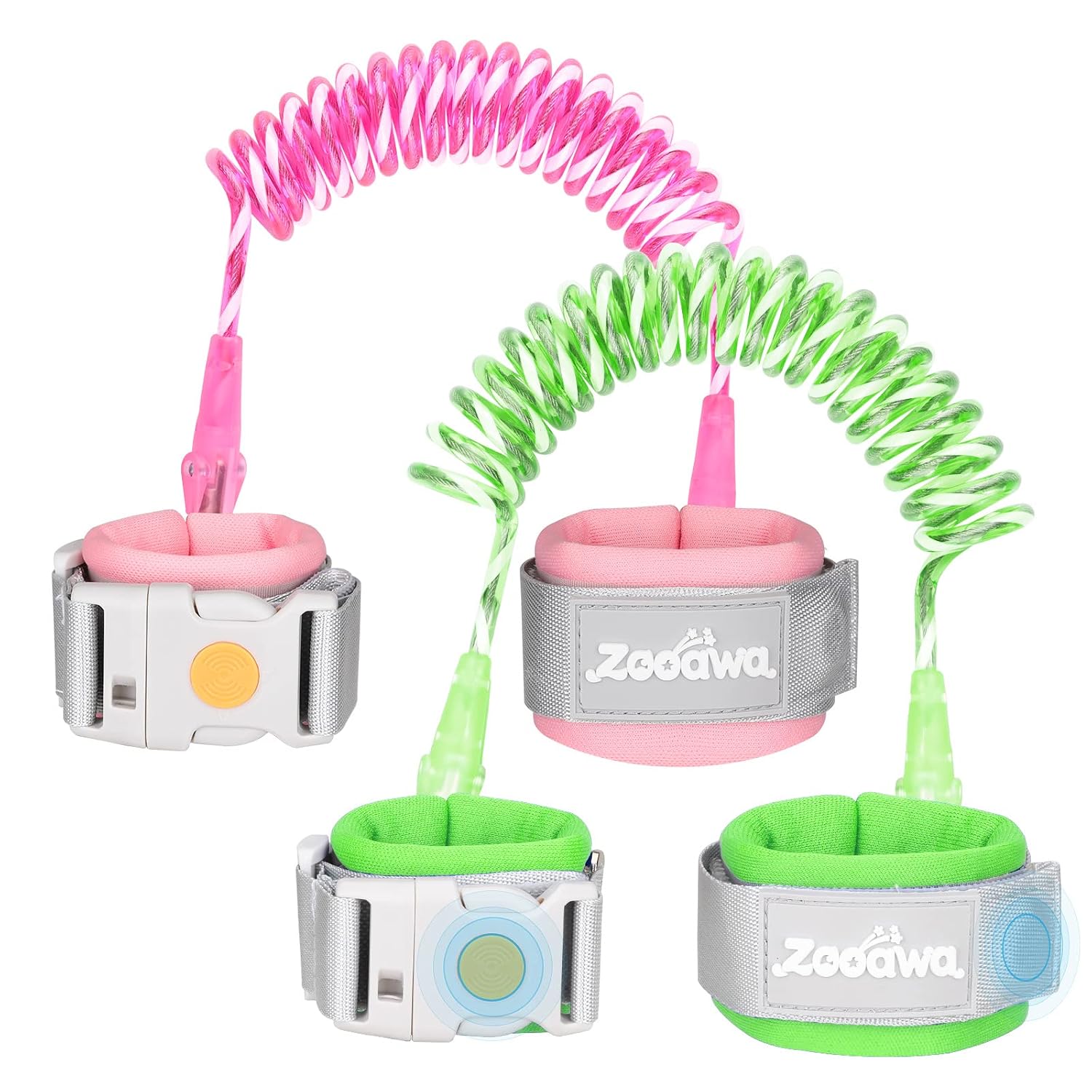 Zooawa 2Pack Anti Lost Wrist Link with Magnetic Induction Lock, Child Outdoor Safety Hook and Loop Wristband Leash with Reflective Strip Child Safety Harness for Kids Toddlers, Pink+Green