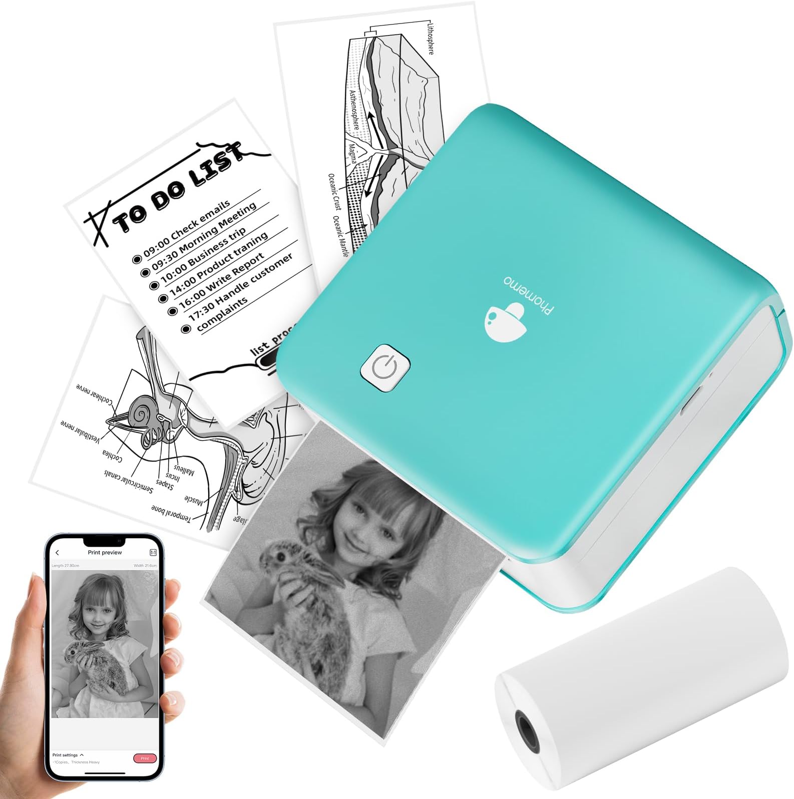 Crafts&Co® Portable Photo Printer, Mobile Mini Printer with 3 Rolls ...