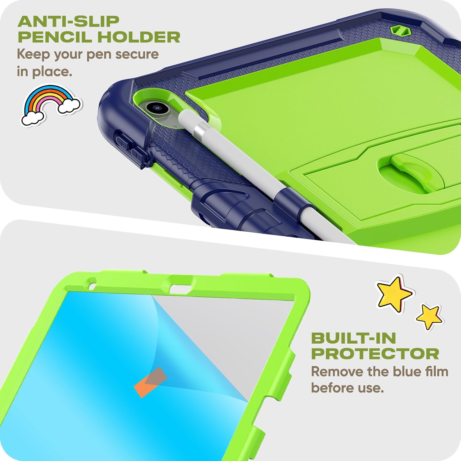 HXCASEAC Case for iPad (A16) 11th Generation 11 inch, iPad 10th Gen Case 10.9 inch, Drop Proof with Screen Protector, Pencil Holder, Shoulder Strap, Foldable Stand, Cute iPad Case for Kids, Green