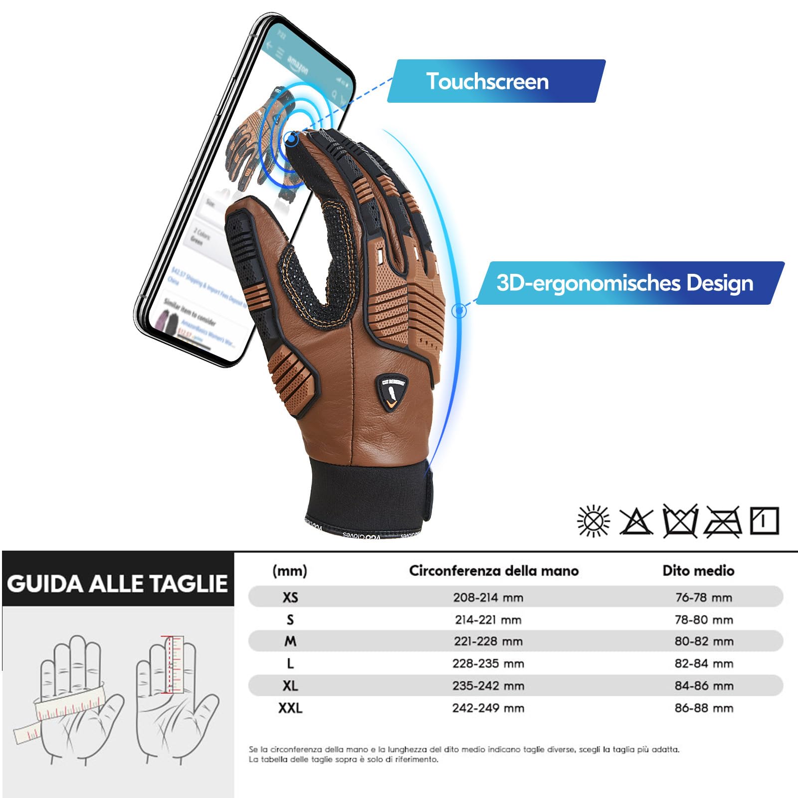 Vgo... 1 Paar Schnittfeste Handschuhe, Sicherheitsleder-Arbeitshandschuhe, Mechaniker-Handschuhe, HPPE Anti-Schnitt-Innenfutter, EN388 Level C, ANSI-Stufe A3(CA7722CT)