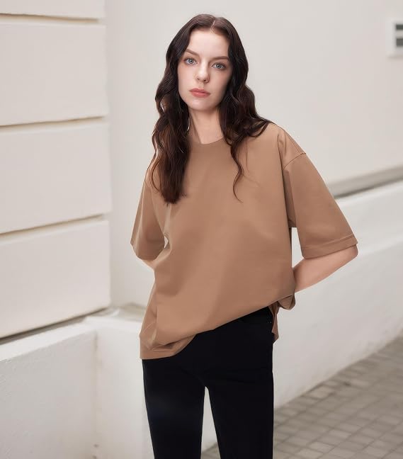 Women Short Sleeve T-Shirt Cool Cotton Sorona Loose Fit Oversized Basic Tee Summer Top Outfits