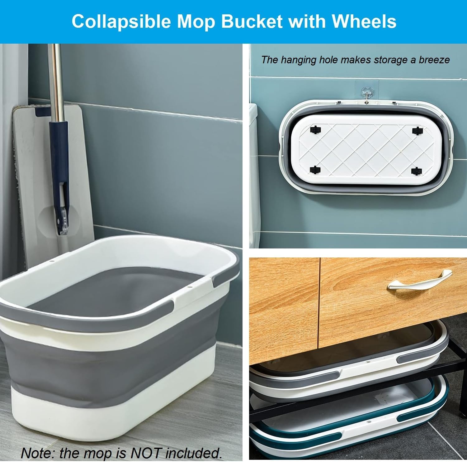 Collapsible Mop Bucket with Handle - 12L/3.17 Gallon Small Foldable Bucket with Wheels for House Cleaning/Car Washing/Camping Portable Rectangular Handy Basket Plastic Bucket for Cleaning Mop (Grey)