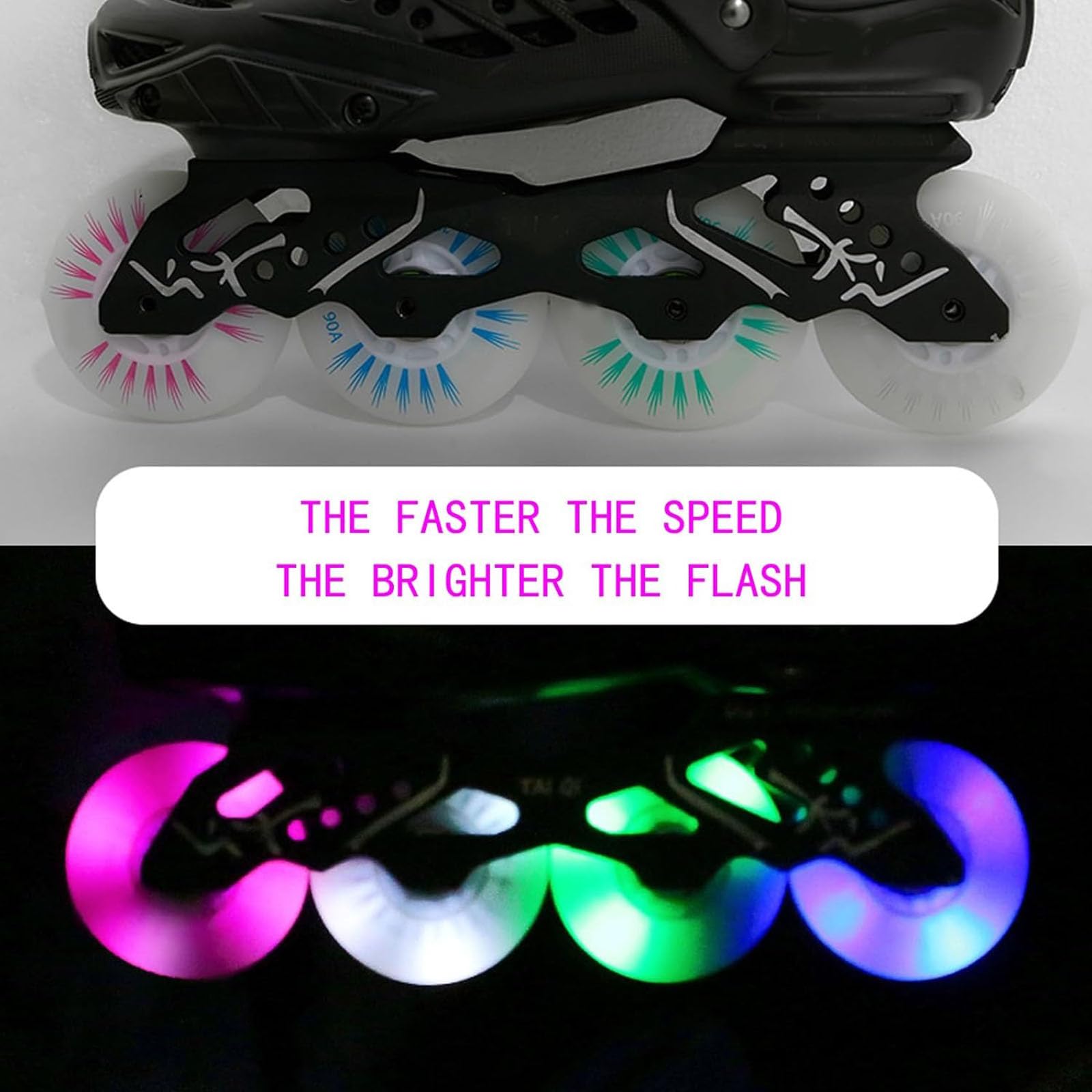 8er-Pack LED-Inline-Skate-Räder, langlebige 90A-Freestyle-Bremsräder, mit Lagerkern, Ersatz-Leuchtrolle für den Außenbereich,B,90mm