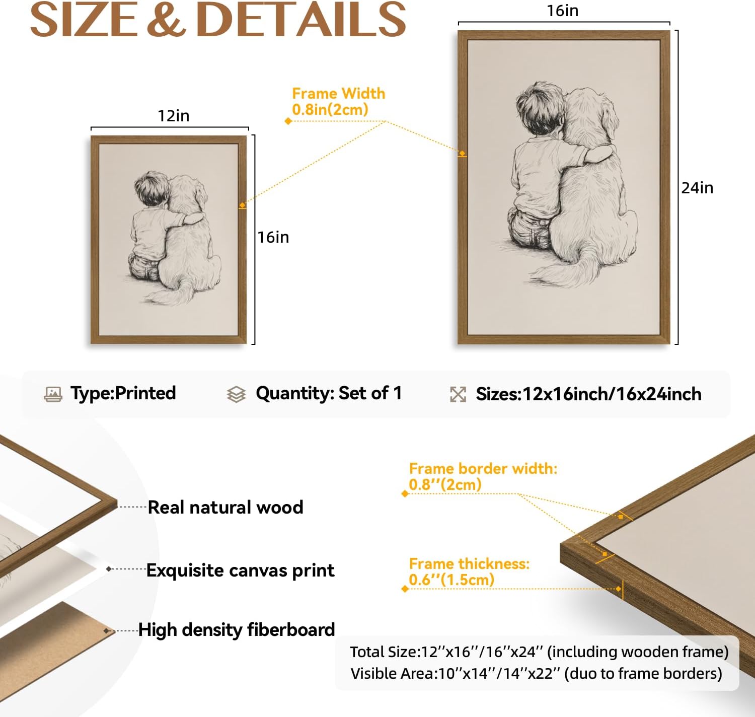 LERVR Wood Framed Boy and Dog Wall Art, Sweet Friendship Canvas Print, Boy Hugging Dog Sketch Wall Decor, Minimalist Line Drawing Dog Lover Artwork for Living Room Bedroom Kids Room 12x16 Inch