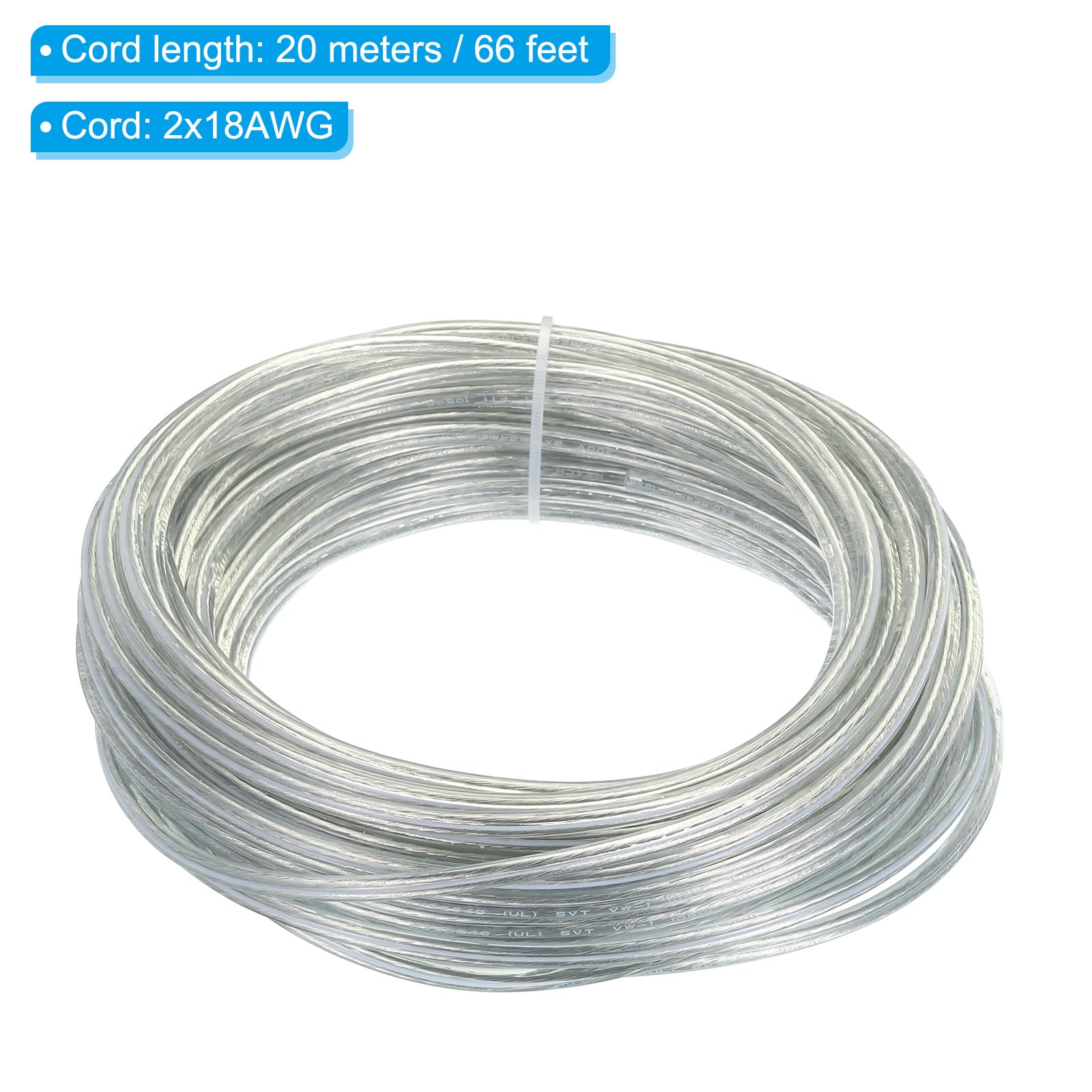 PATIKIL Cable de PVC Cubierto de 66 Pies (20 Metros) 18/2, 300V SPT-2, Cable Aislado Resistente al Calor y Flexible para Cables de Lámpara Led, Transparente, Certificado UL