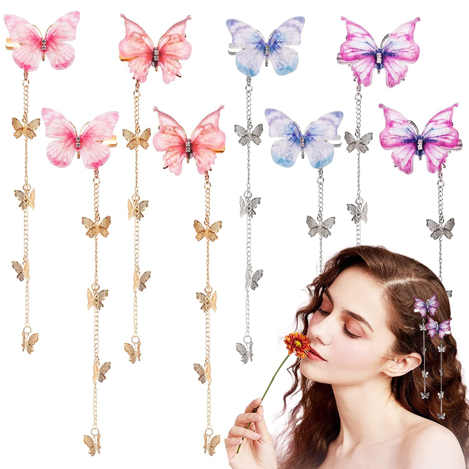Tassel Butterfly Hair Clips, 8PCS Fabric Butterfly Hair Pin with Detachable Golden Silver Tassel, Cute Butterfly Metal Side Clip Hair Barrette Bobby Pins for Women