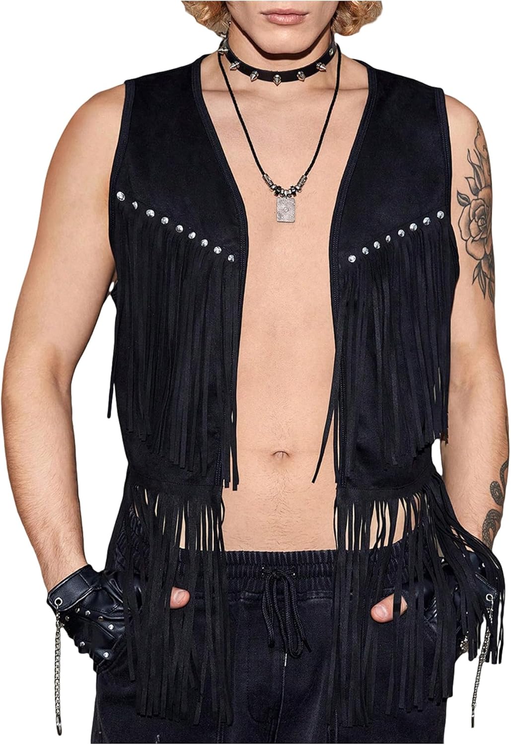 GORGLITTER Men's Fringe Western Vest Open Front Cowboy Vest Jacket 70s Outfits Tassel Tops
