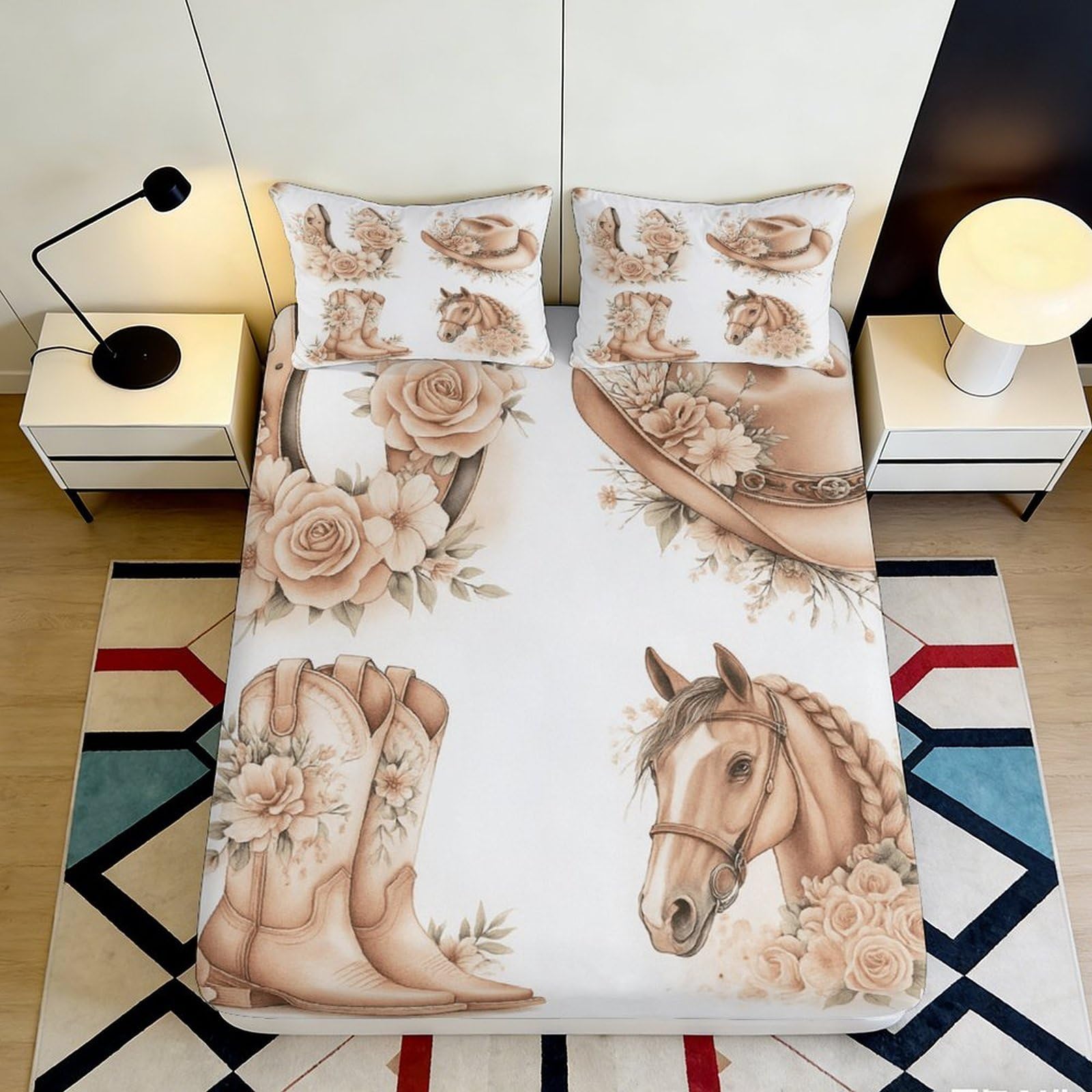 Pnayamiorkfel Style-4 3D Printed Western Cowboy Boots Fitted Sheet Microfiber Horse Floral Bed Cover Bedroom Guest Room Decor 90X200x25cm