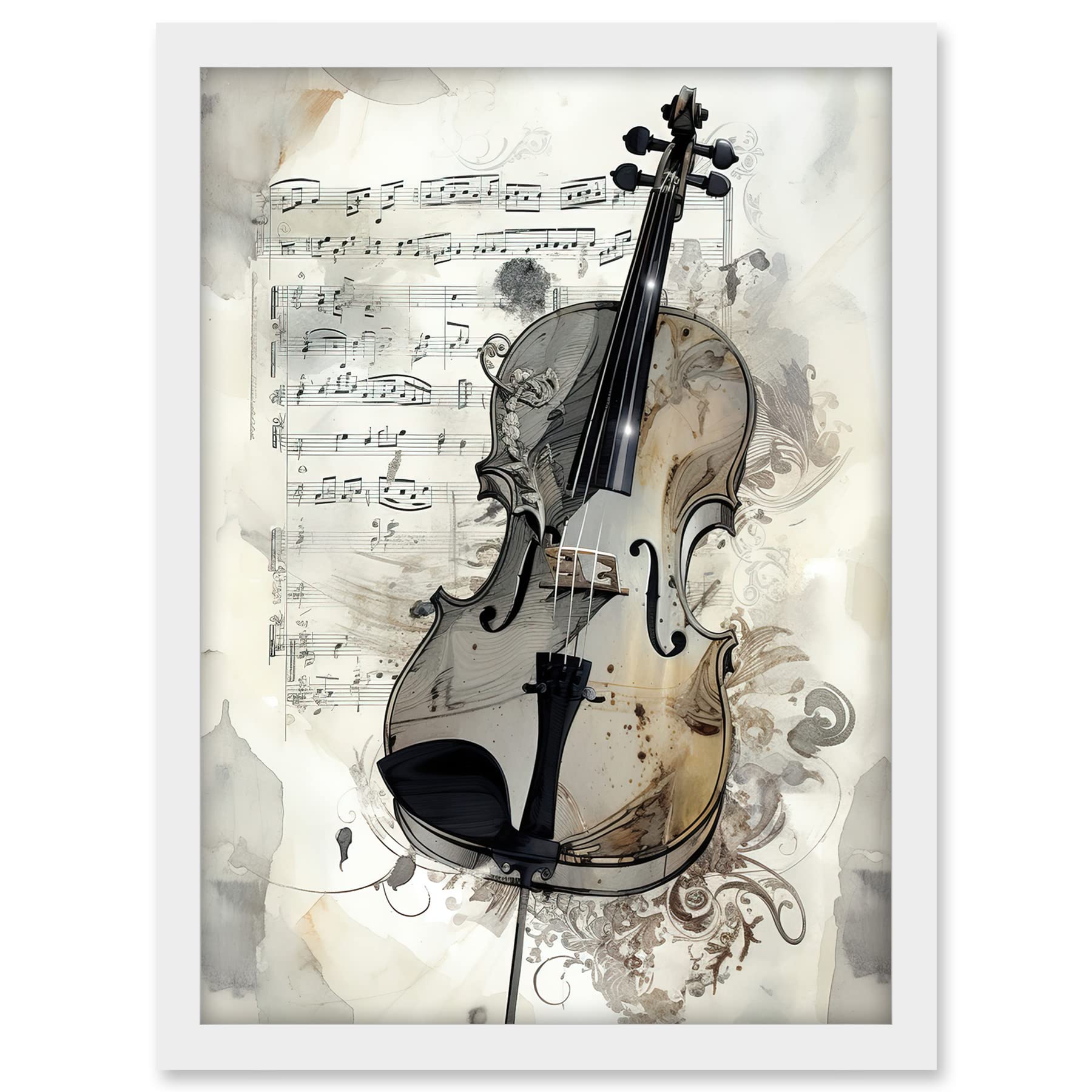 Artery8 Violin Instrument and Sheet Music Modern Monochrome Watercolour Illustration Artwork Framed A3 Wall Art Print