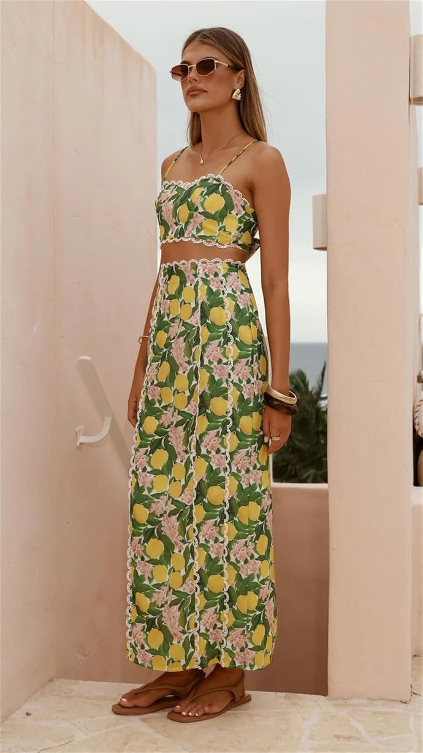 ksotutm Skirt Sets Women 2 Piece Outfits Sexy Two Pc Sleeveless Halter Crop Top Print Maxi Long Skirts - Image 5