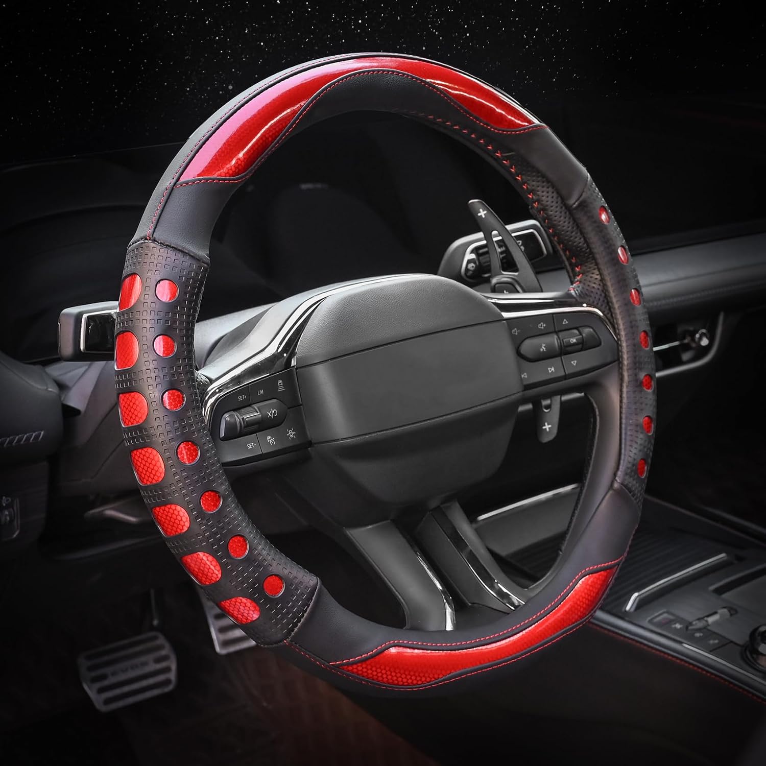 Valleycomfy PU Leather Steering Wheel Cover for Women and Men,Anti-Slip Finish Universal 14.5-15 Inch for Medium Size Auto Car,Red