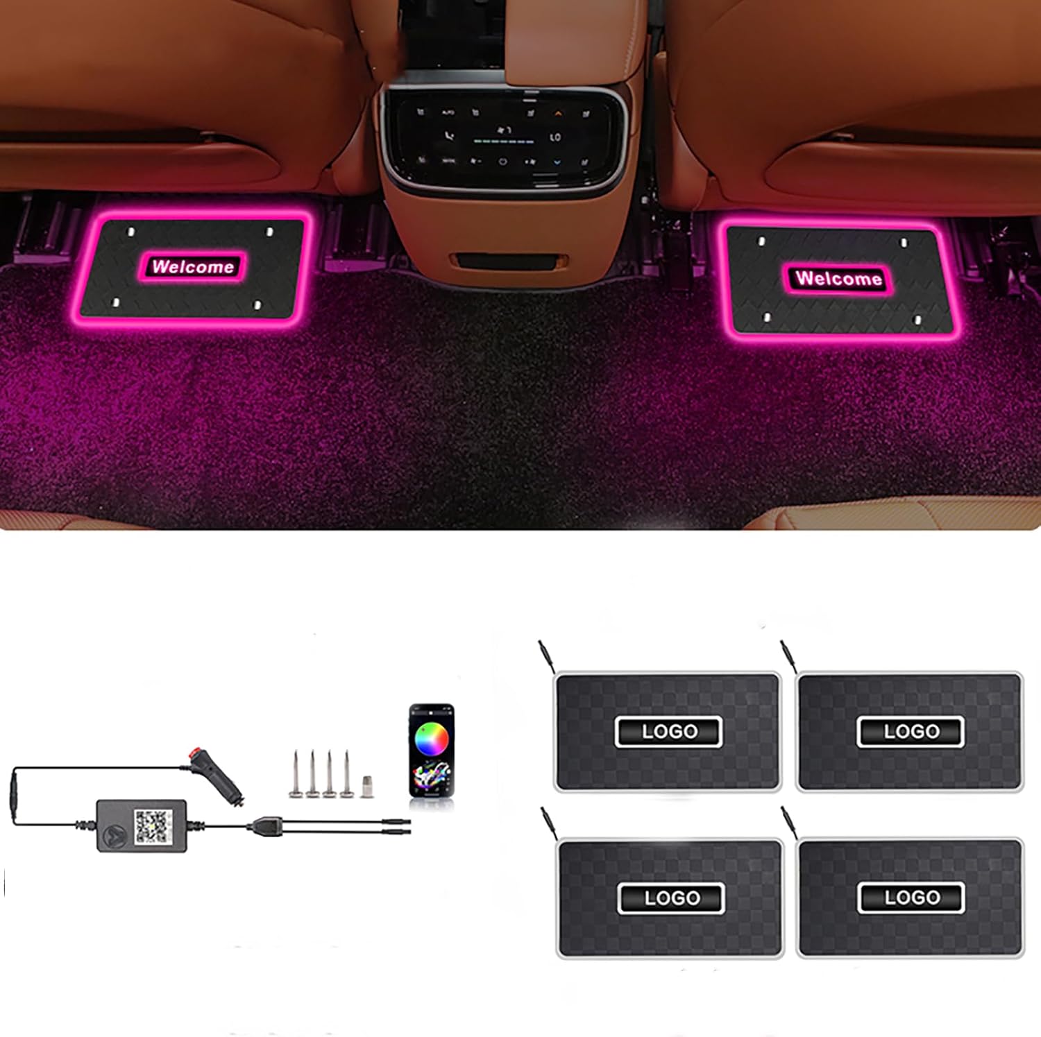 Customizable Car Floor Mats Lights, Customize Personalized Logo Car Floor Mats Light Waterproof RGB LED Neon Lamp App Control Adjustable Flashing Mode Universal Car Interior Foot Mat Decoration Light