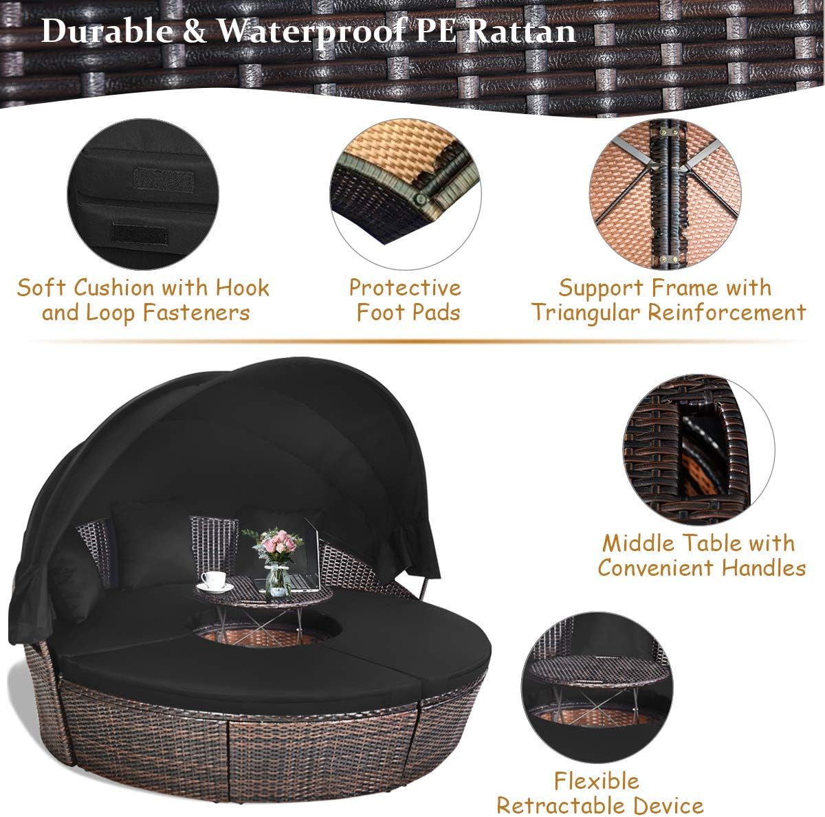 Tangkula Patio Round Daybed with Retractable Canopy, Outdoor Wicker Rattan Furniture Sets, Sectional Cushioned Sofa Set w/Height Adjustable Coffee Table, Rattan Conversation Sets (Black)