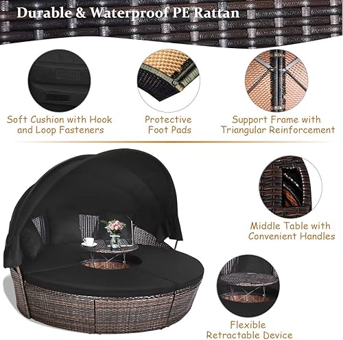 Vista 8 de Tangkula - Sofá redondo con dosel para patio con mesa en el centro, de ratán, altura ajustable Negro