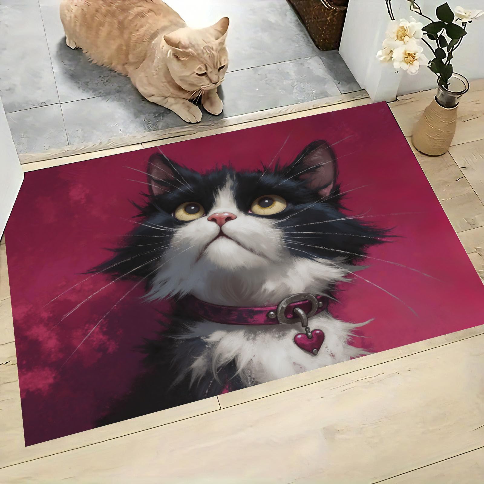 Felpudo de Entrada Gato Esmoquin, 80x120cm Alfombra para Puerta Estilo De Ilustración Realista, Antideslizante, Lavable Alfombrilla para Atrapar Suciedad para Pasillo, Cocina, Dormitorio, Magenta