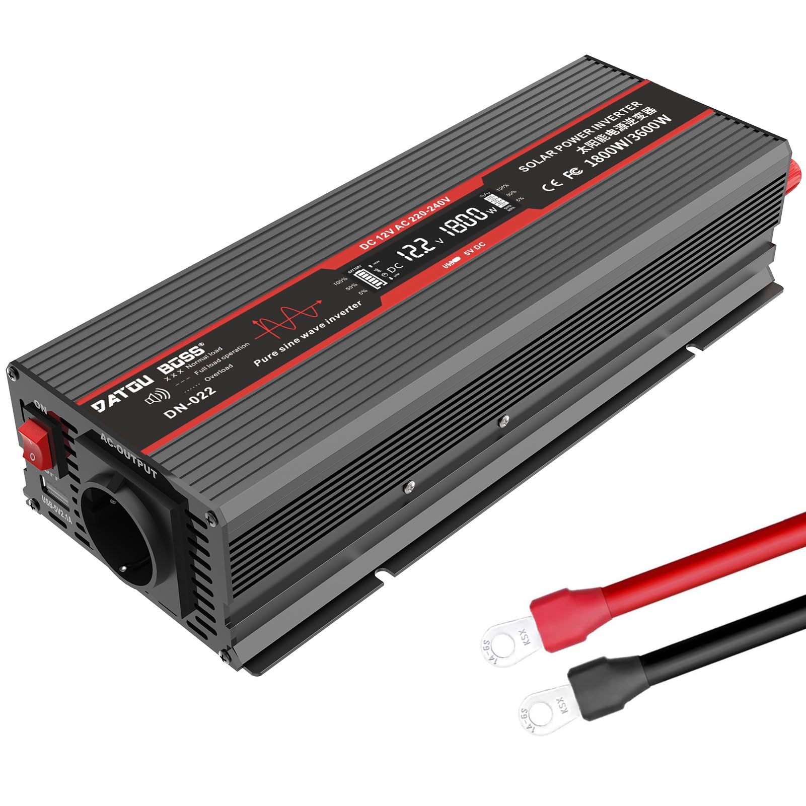DATOUBOSS12V 220V Pure Sine 1800W Inverter Voltage Transformer with EU AC Power Plug, USB Port and LCD Display for Home Appliances Car Caravan Camping Travel
