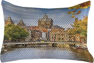 Lunarable European Quilted Pillowcover, Canal and Old Building Netherlands Traditional Romantic Scenery of The Europe, Standard King Size Accent Pillow Cover for Bedroom, 36" x 20", Multicolor