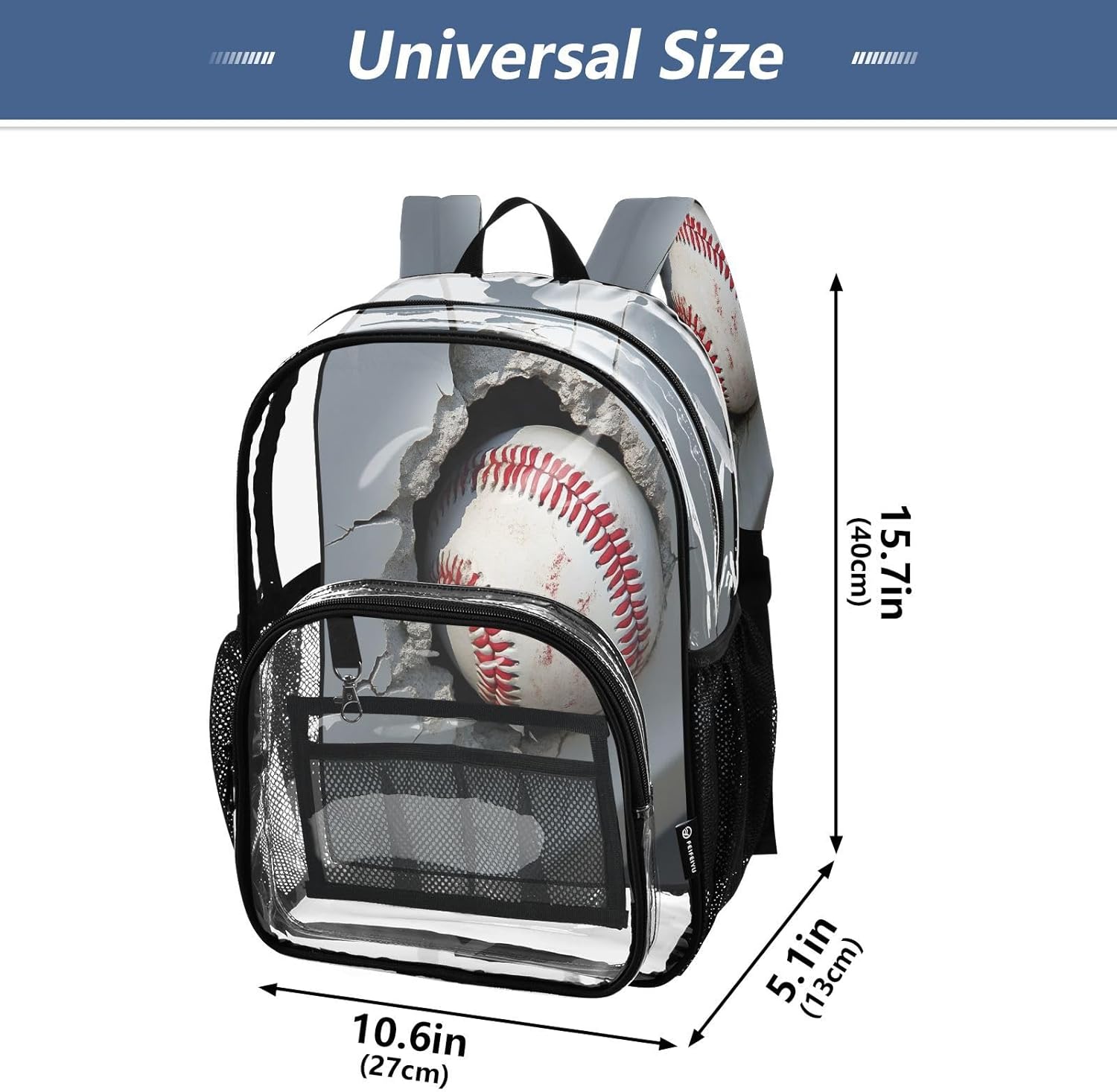 Baseball Breaking The Wall Clear Backpack Heavy Duty See Through Transparent PVC BookBag for Kids Boy Girl Adult School Work