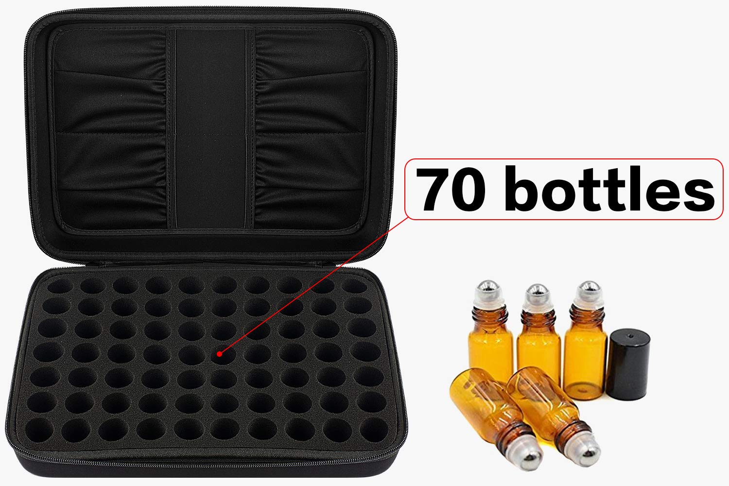 70 olejków eterycznych walizka do noszenia, torba na butelki 5 ml, 10 ml, 15 ml, z twardą obudową na zewnątrz i wkładką piankową, idealna w podróży, czarny, M