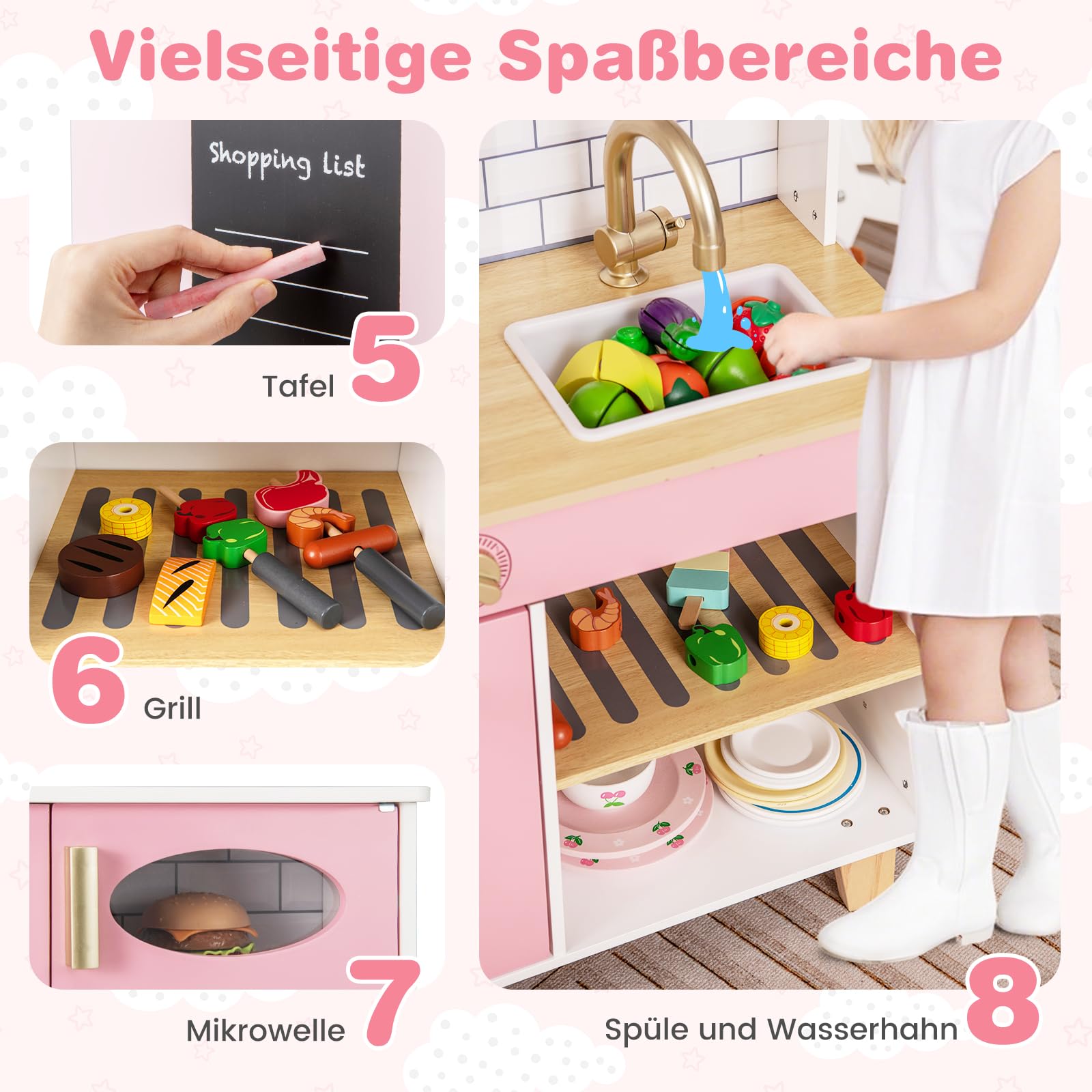 DREAMADE Kinderküche Holz mit 10 TLG. Zubehör, Holzküche Kinder Küche mit Herd Dunstabzugshaube Eismaschine Ofen, Spielküche mit Licht und Sound für Kinder ab 3 Jahren (Rosa)