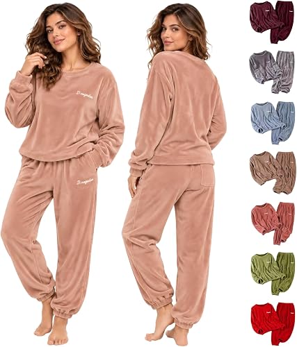 Womens Winter Flannel Pajamas Set 2026 Warm Soft Cozy Fleece Plus Size Fuzzy Thermal Pjs Loungewear Sets(S-5XL)