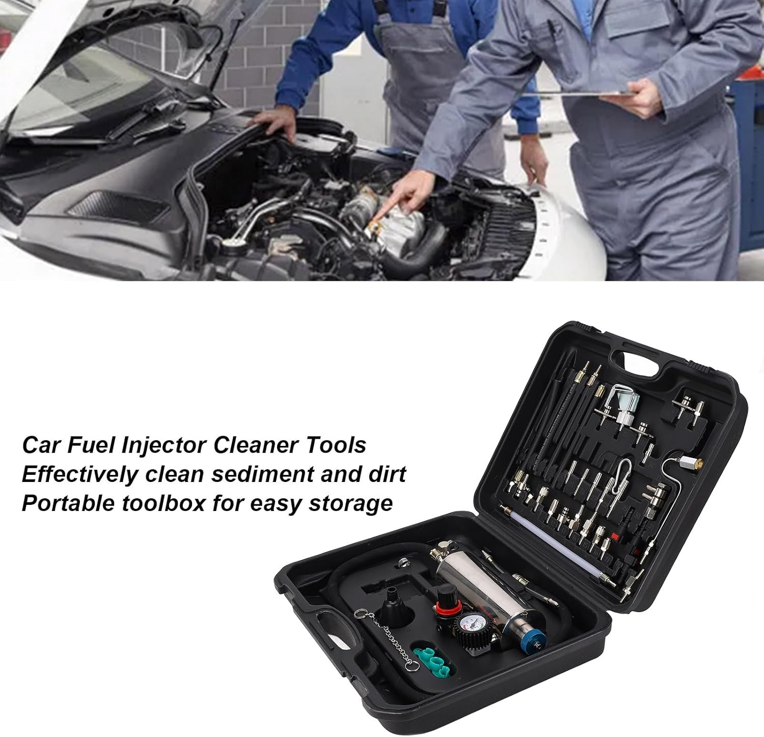 Fuel Injector Cleaner Tool Kit, Automotive Injection Nozzle Throttle Hanging Bottle Cleaning Tool Set with Portable Toolbox for Automotive Repair