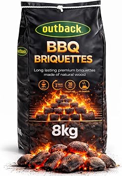 OUTBACK Briquettes 8kg Bag Premium BBQ Charcoal Briquettes, Hotter Longer Burning Constant High Temperature Barbecue Charcoal Coal Perfect for Outdoor Grills 1x 8kg Bag