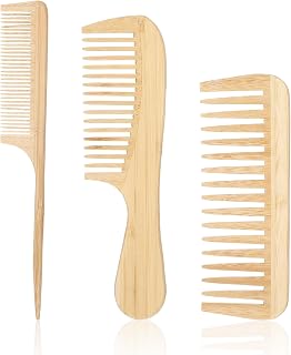 3PCS Natural Handmade Bamboo Anti-Static Combs Set - Wide Tooth, Rat Tail and Fine Tooth, Natural Wooden combs for Hair, Beard, Travel-Friendly, Hand Polished