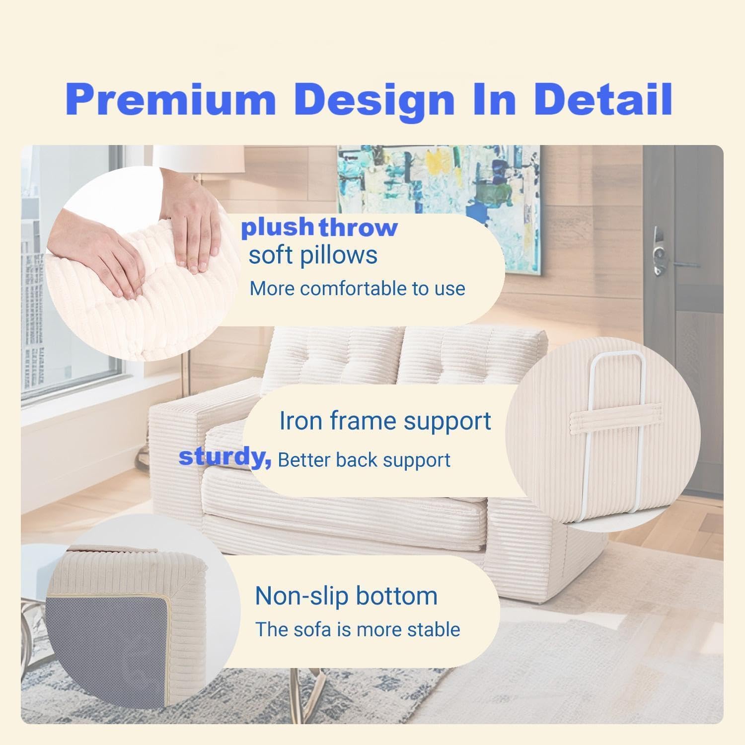 Modern Convertible Loveseat Sofa in a Box, Foldable 2 in 1 Sofa Bed,Cream White Ribbed Corduroy Fabric, Pull-Out Sleeper, Rearrangeable Couch for Apartment/Small Living Room