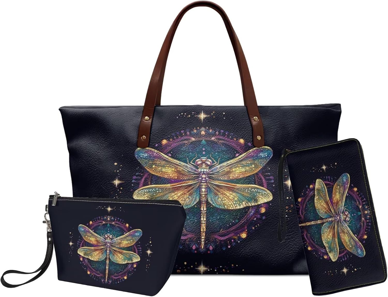 3Pieces Tote Bag Set for Women, Ladies, Waterproof Tote Handbag Mini Wristlet Purse Makeup Pouch for Shopping