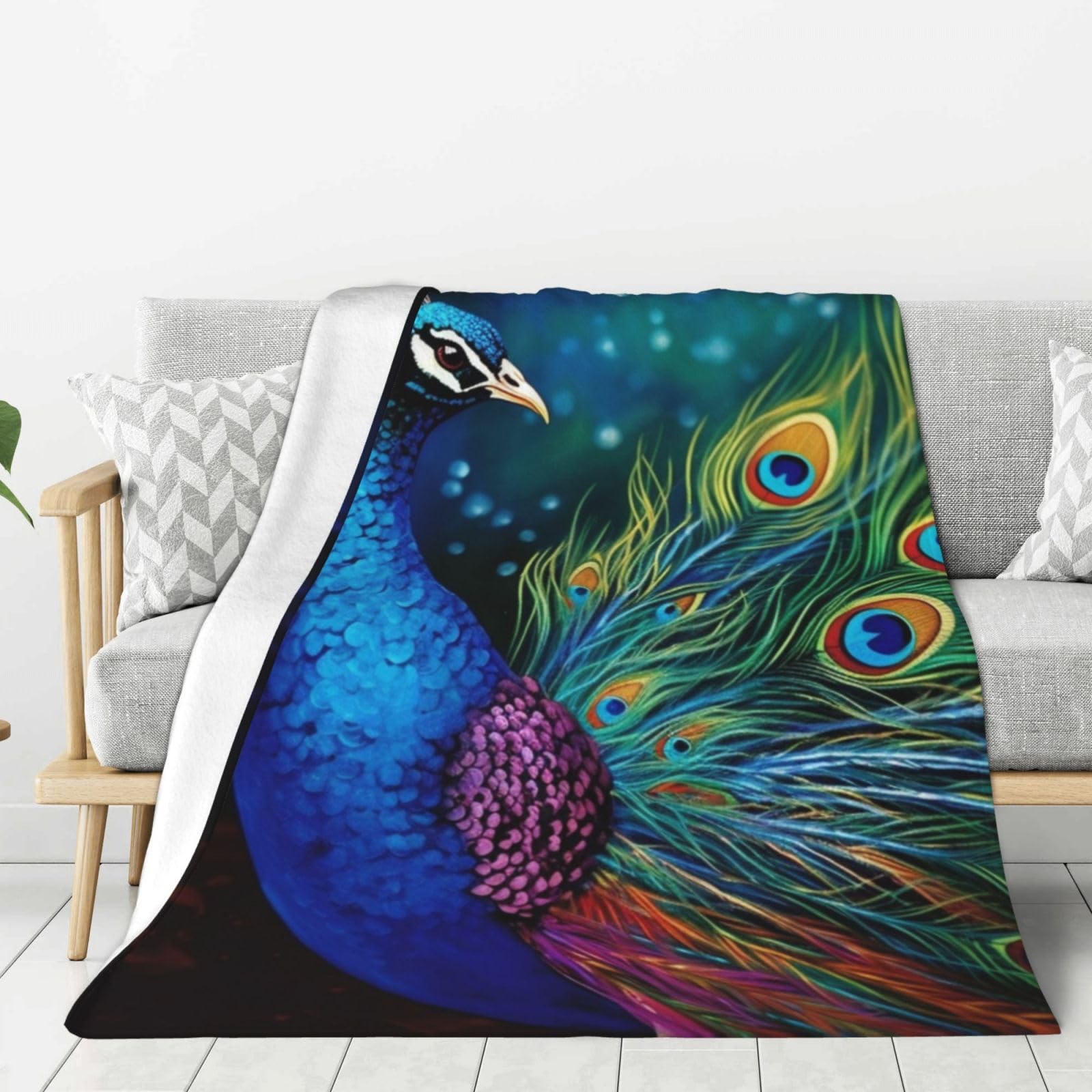 Couverture en flanelle motif paon coloré 127x101 cm pour lit et canapé