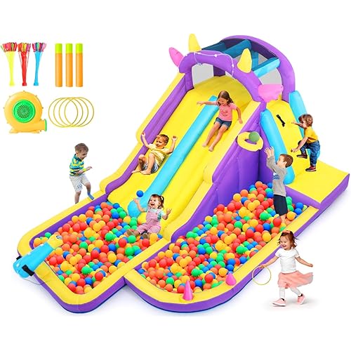 JOYLDIAS Inflatable Water Slide,Water Park Bounce House,Slide Bouncer Castle Playhouse w/Splash Pool, Climbing Wall, Ring Toss Game for Kids Birthday Party Indoor Outdoor Fun, 480W Air Blower
