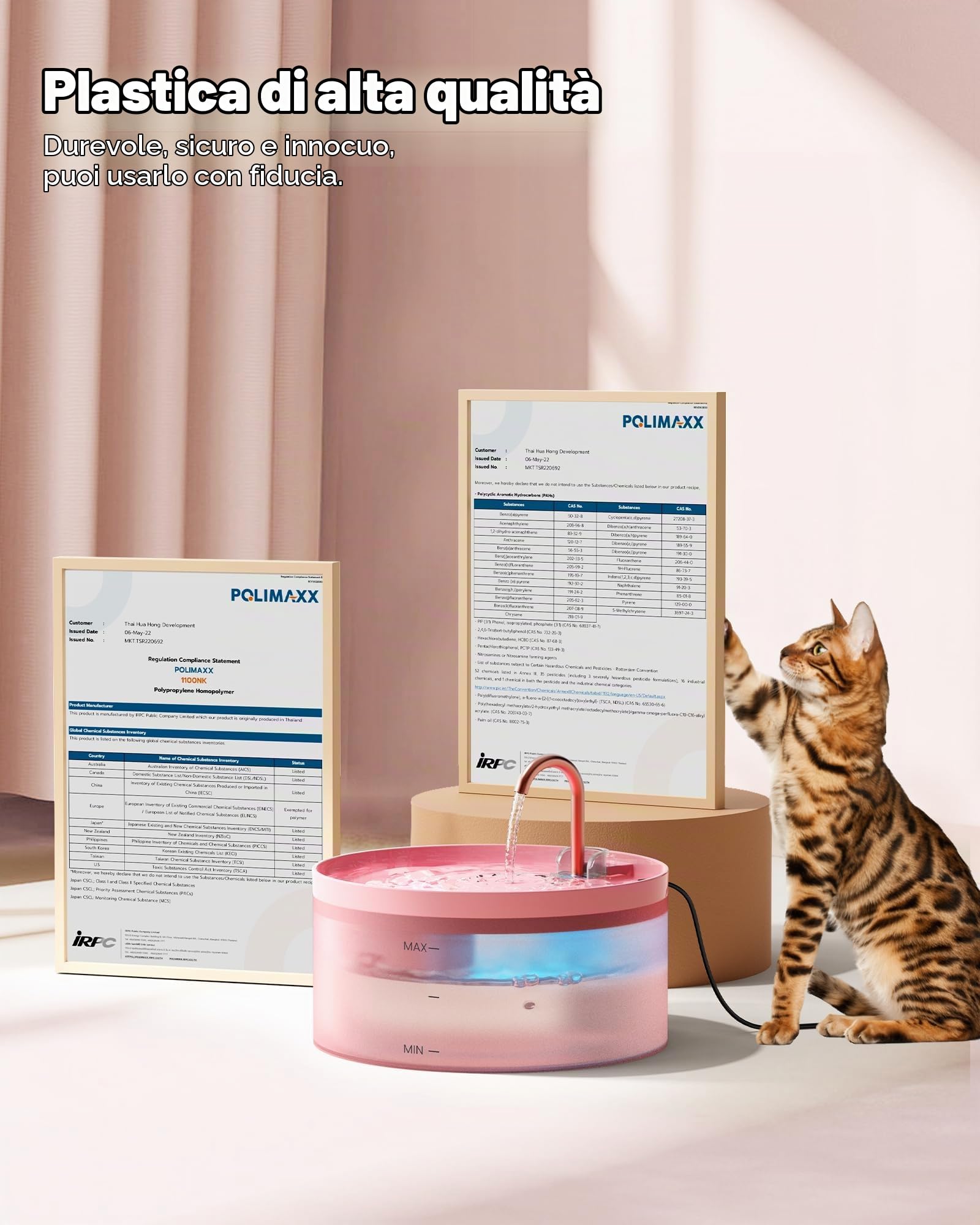 Rosa Fontanella per Gatti, 6 Pezzi Filtro + 3 Pezzi di Spugna, 3.2L Fontana per Gatti, Fontanella per Cani Pompa Ultra-Silenziosa con Luce Led, Filtraggio Profondo, Serbatoio Dell'Acqua Traslucido