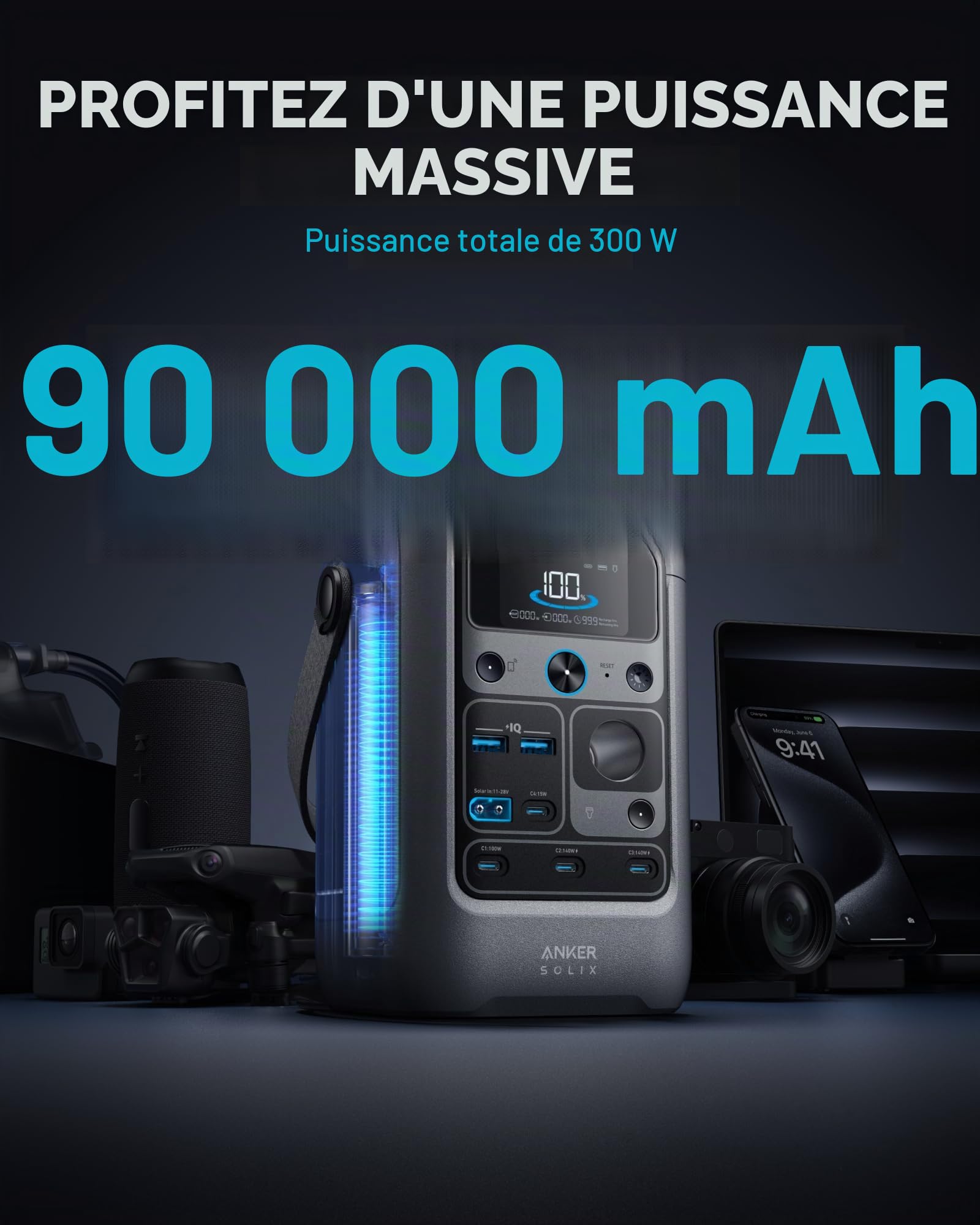 Anker SOLIX Station de banque d'alimentation C300 CC avec panneau solaire 60 W, station d'alimentation portable 288 Wh, batterie LiFePO4, générateur solaire 300 W, pour extérieur, camping, voyage et