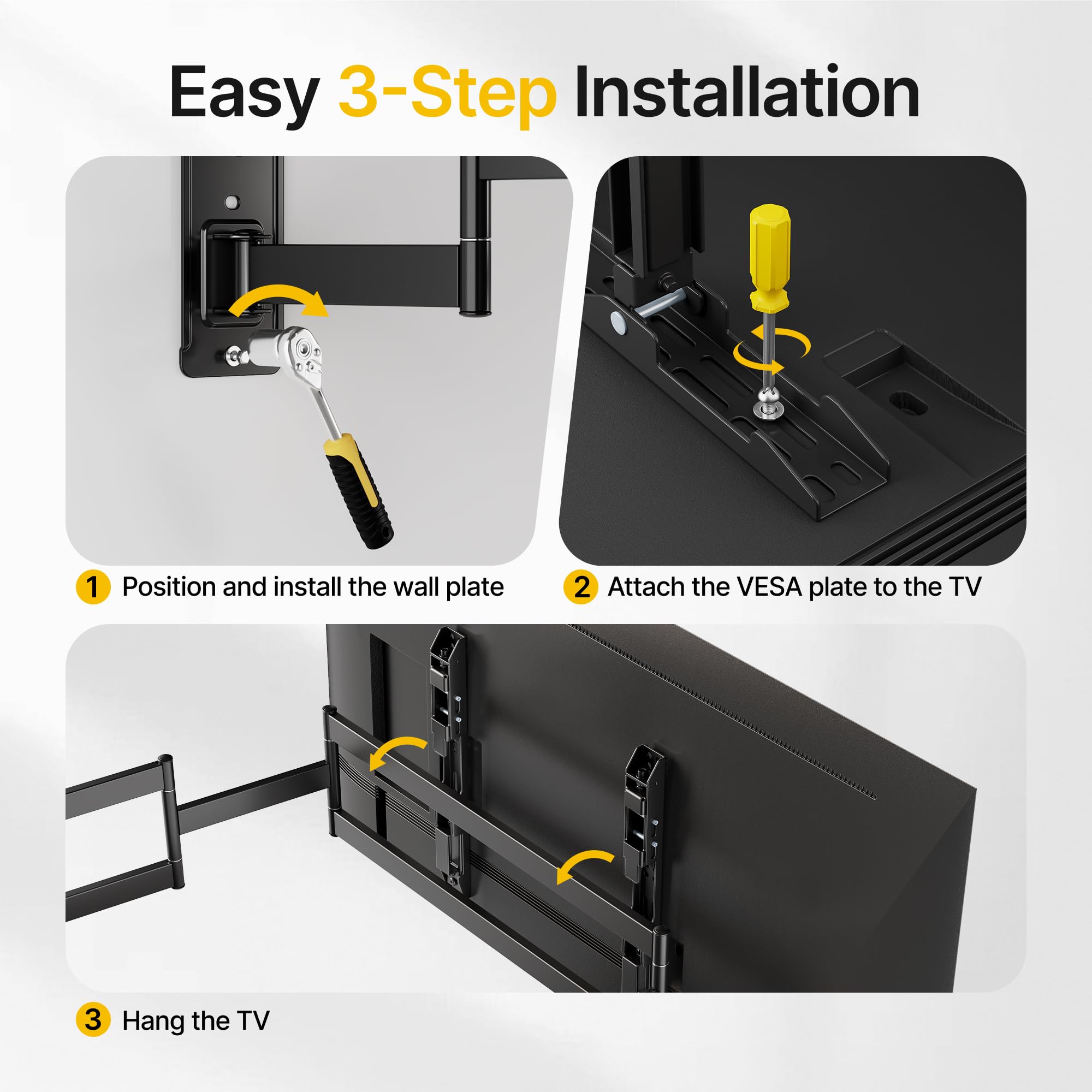 monTEK Soporte de pared de esquina resistente para televisores grandes de 65 a 100 pulgadas, soporte de TV de movimiento completo con brazo articulado de 19.3 pulgadas de largo, brazo de pared doble