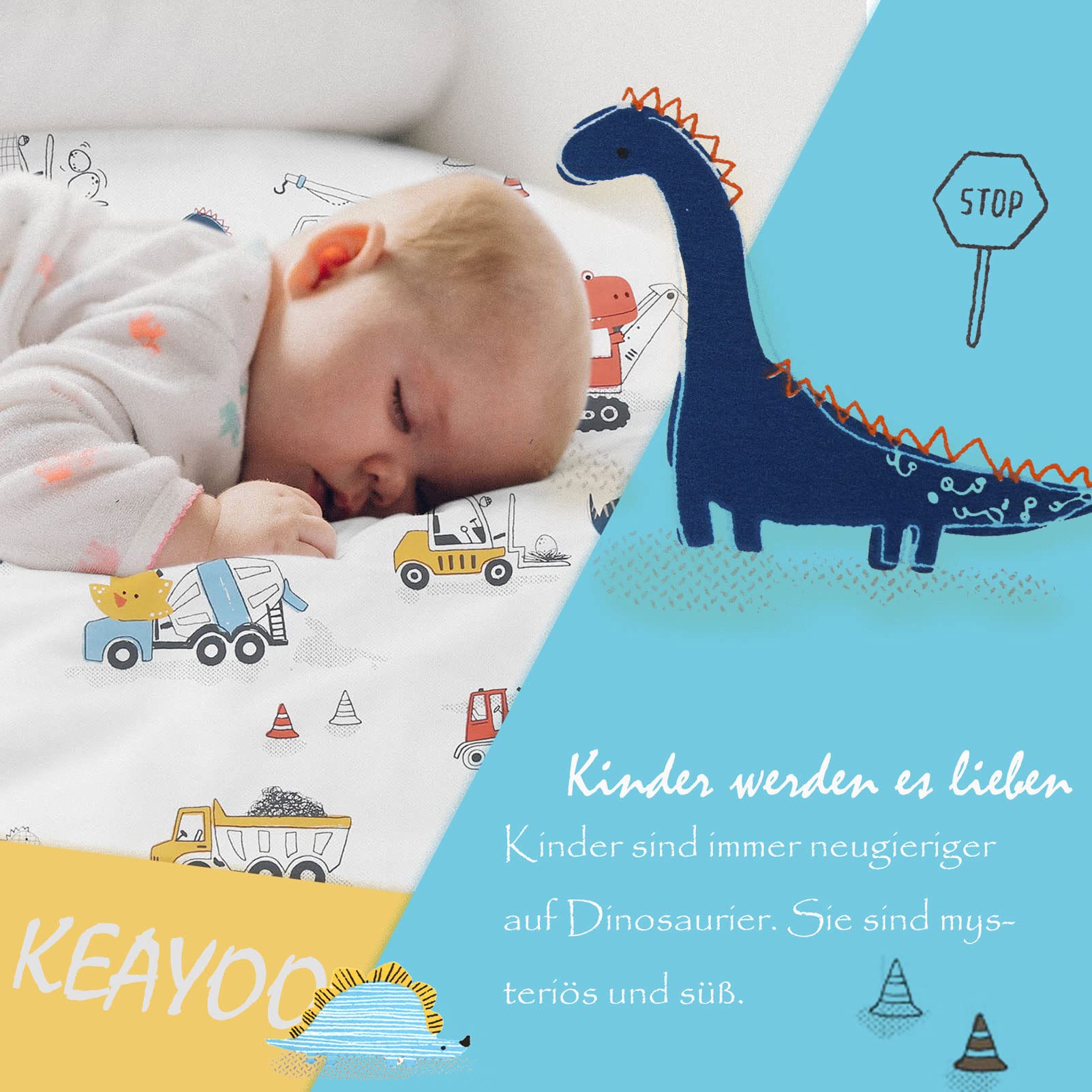 Biancheria da letto per bambini, 135 x 200 cm, per ragazzi e ragazze, motivo dinosauro, con chiusura lampo, in cotone, 135 x 200 cm + 80 x 80 cm, 2 pezzi