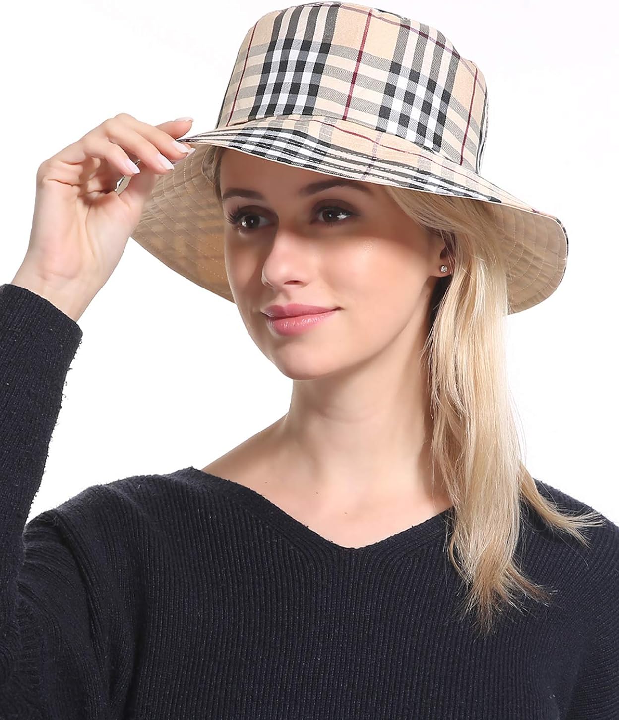 Bucket Sun Hat Women Cap Cotton Plaid Beige Sun