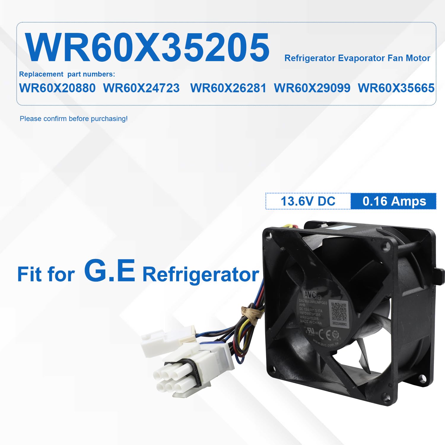 WR60X35205 Refrigerator Evaporator Fan Motor Compatible with GE Replace WR60X20880 WR60X24723 WR60X26281 WR60X29099 WR60X35665 Refrigerator Fan Motor DAZB0838RCMPG03 197D9873P005