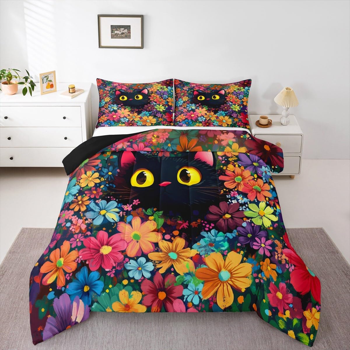 jejeloiu Cat Bedding Set Full Size Botanical Floral Printed Bedding Set for Boys Girls Children Cute Kitten Duvet Quilt Colorful Blossom Flowers Pattern Room Decor Breathable Soft All Season 3Pcs